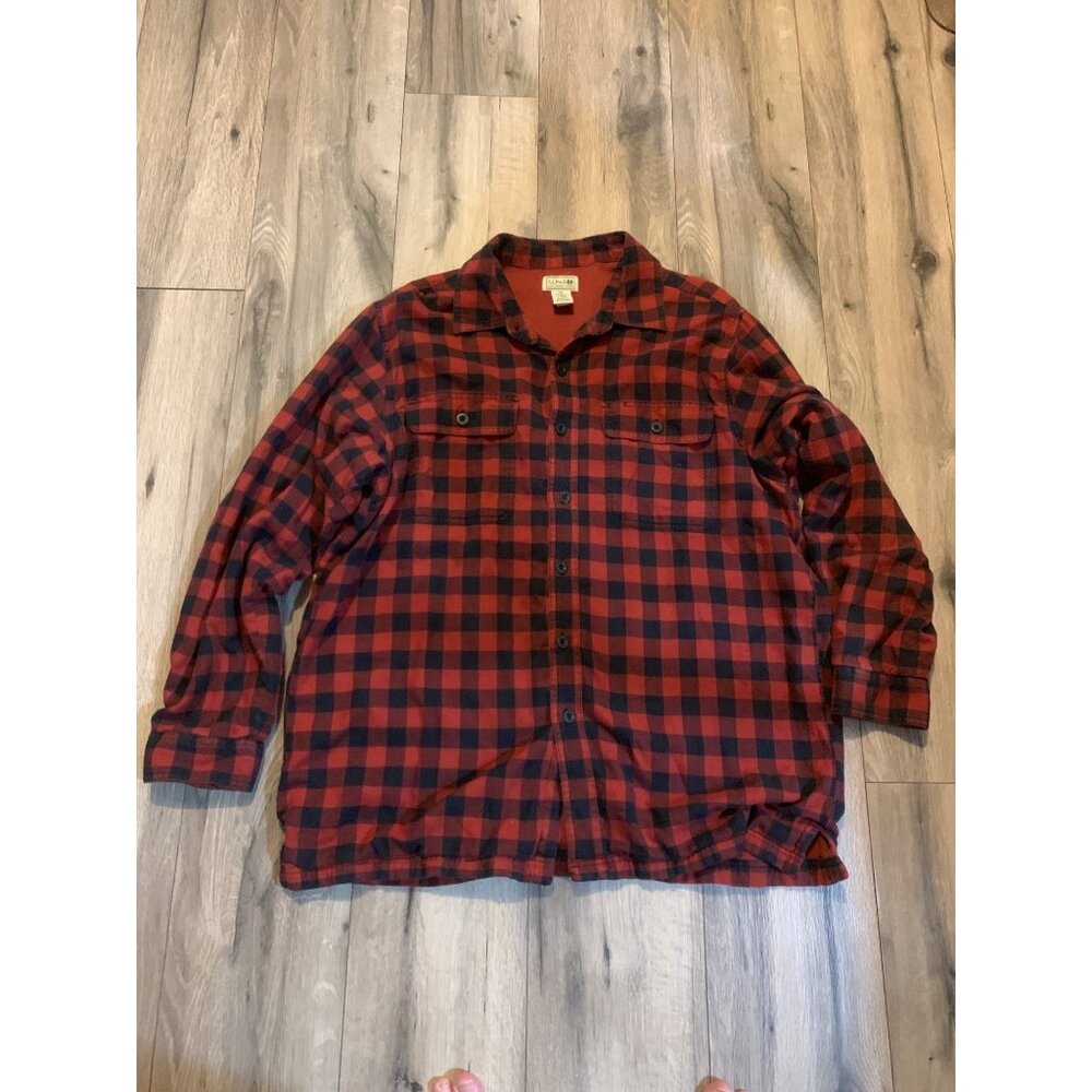 L.L. Bean Men's L Item 0JTP7 VTG Red & Black Plaid Flannel Shirt Jacket Waffle W